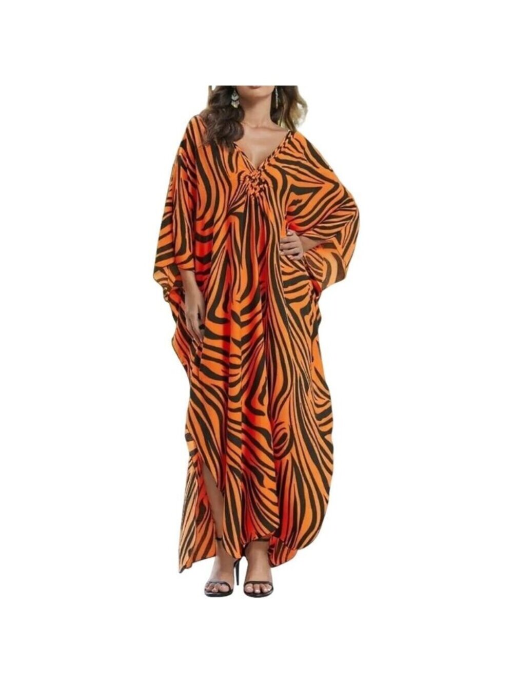 Women Black Orange Zebra V-neck Batwing Sleeve Flowy Split Bohemian Kaftan Dress